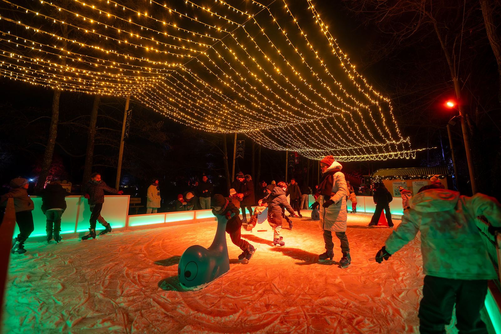 Patinoire de Noël illuminée en plein air au Bois des Lutins, à Diémoz